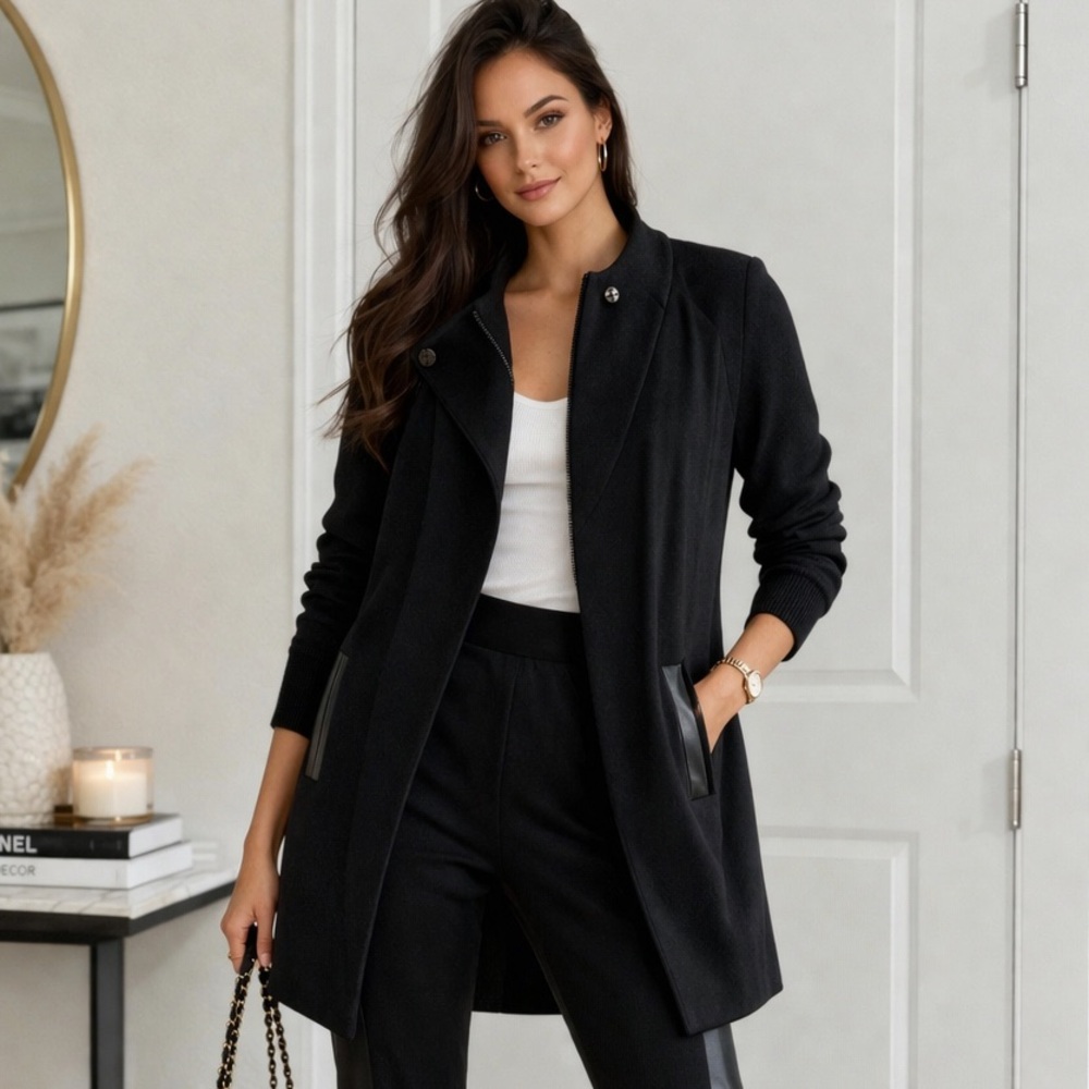 CAbi Black Longline Sweater Jacket with Faux Leather-Trim Pockets